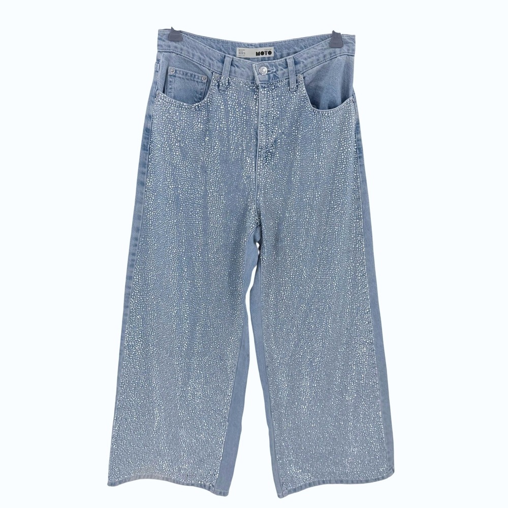 Asos Luxe‎ Hotfix Embellished Wide Leg Jeans Moto Rhinestone Blue W28 L30